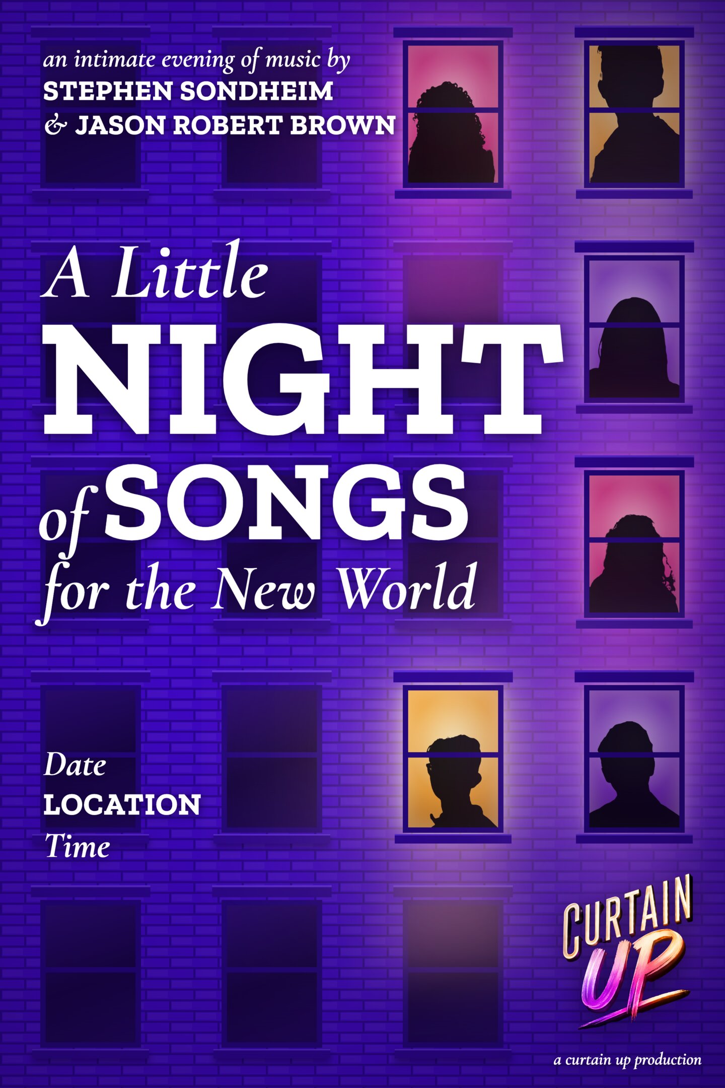 Curtain Up — A Little Night of Songs for the New World poster, featuring colourful windows and silhouetted performers