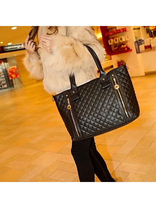 Women's PU Leather Quilted Check Pattern Twin Zipper Shoulder Bag Totes
